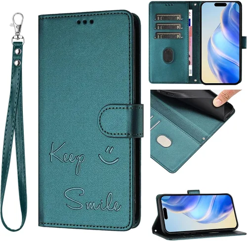 Vista 11 de Flip Wallet Case for Motorola Moto E32 4G (Int'l), Keep Smile Embossed Leather Cover with Card Slots, RFID Blocking, Kickstand, Wrist Strap Black.