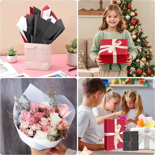 Vista 3 de 30 hojas de papel de seda negro, blanco y rojo para bolsas de regalo, papel de seda a granel para decoración de bodas, cumpleaños, proyectos