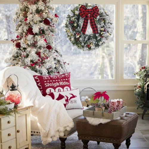 Vista 7 de DECSPAS - Coronas de Navidad para puerta delantera, 24 pulgadas, 2 pies, preiluminada, nevada, flocada, con temporizador, 30 luces LED, arco