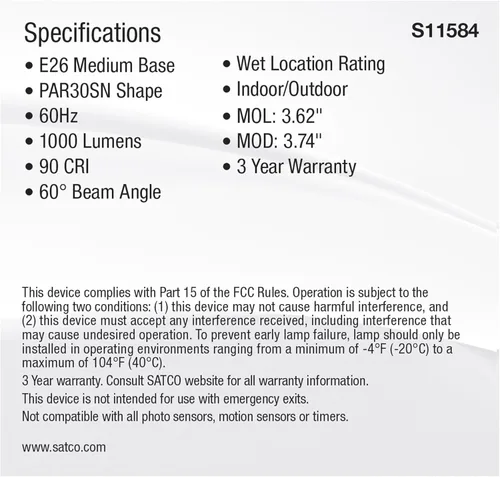 Vista 5 de Satco S11584; LED PAR30SN de 11 vatios; base media; acabado plateado; CCT seleccionable; 120 voltios; ángulo de haz de 60 grados