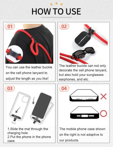 Vista 5 de Cordón para teléfono celular ×1, Pestaña de sujeción ×2, Correa de teléfono ajustable universal, Cruzada, Cordón para el cuello, Correa de cuerda