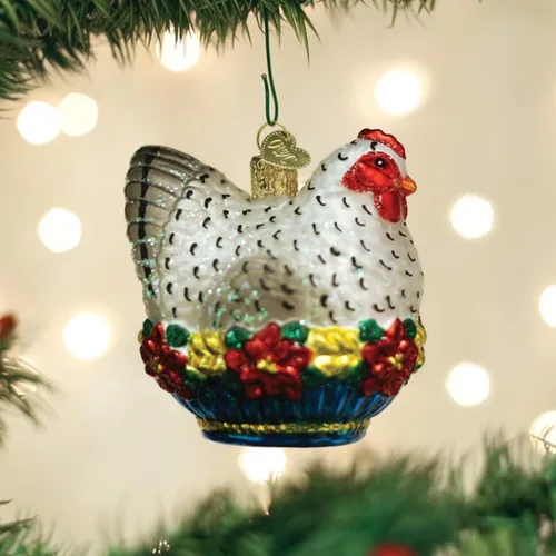 Vista 4 de Old World Christmas Adorno de cristal soplado de gallina francesa para árbol de Navidad, decoración navideña artesanal, colección de doce días