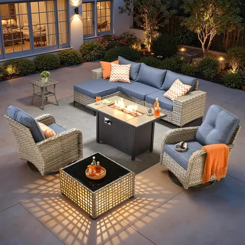 Vista 17 de HOOOWOOO Juego de muebles de patio de 5 piezas, sofá modular en forma de L para exteriores con mesa solar, mimbre PE para todo tipo de clima, sofá