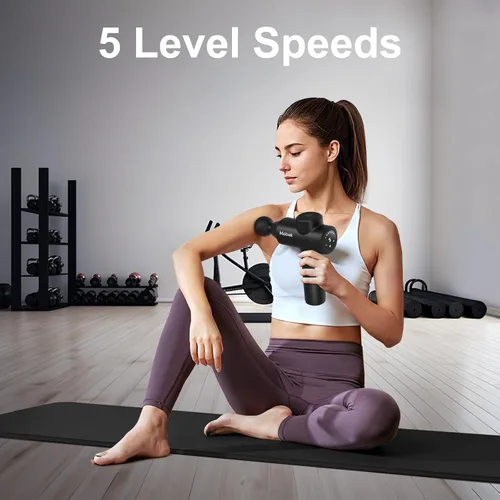 Vista 3 de Pistola de masaje Mebak 7, pistola de masaje de tejido profundo para alivio del dolor, masajeador muscular para hogar, oficina y gimnasio, 5 niveles