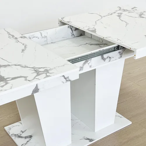 Vista 3 de Juego de mesa de comedor extensible de mármol sintético de 7 piezas para 6, mesa de comedor extensible blanca de 78.74 pulgadas con juego de 6