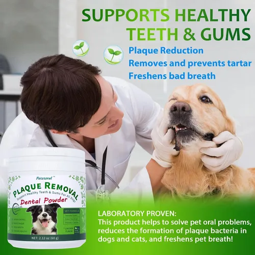Vista 2 de Petstoral Polvo dental natural para perros, cuidado dental para perros, removedor de placa y tratamiento para el mal aliento, encías saludables