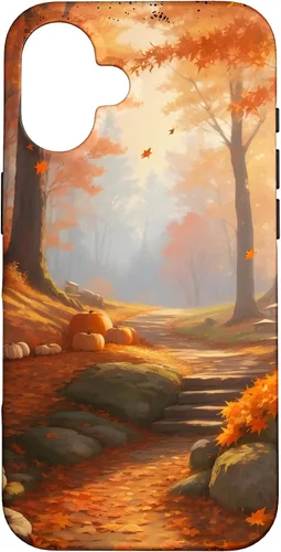 Vista 28 de iPhone 13 Pro Max Idílica escena del bosque de otoño, hojas de otoño, funda de calabazas