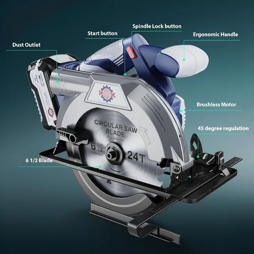 Vista 2 de Sierra circular inalámbrica sin escobillas de 20 V 6-1/2 pulgadas con freno, 5600 RPM, kit de sierra circular de batería de 4.0Ah con cargador