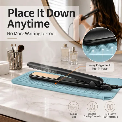 Vista 3 de Alfombrilla de silicona resistente al calor con bolsa para herramientas de peinado del cabello, 1 unidad, gris, silicona, plana, cabello seco, 11 x
