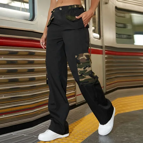 Vista 5 de Camouflage Pocket Y2k Cargo Pants for Woman,Slim Solid Pants Buttons Waist Straight Pants Plus Size Womans Sweatpants