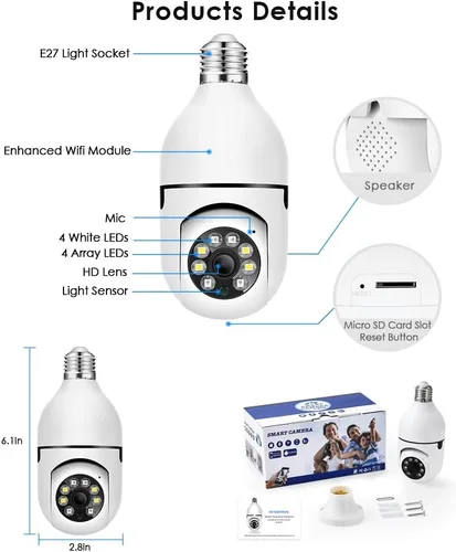 Vista 8 de EVERSECU Cámara de seguridad PTZ de bombilla inalámbrica de 1080P 2.0MP con conector E27, seguimiento automático de movimiento, audio bidireccional