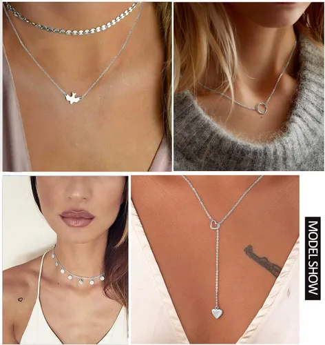 Vista 2 de Honsny 20 piezas de collares de gargantilla chapados en oro de 14 quilates para mujer, conjunto de collares de cadena simple con colgante de moneda