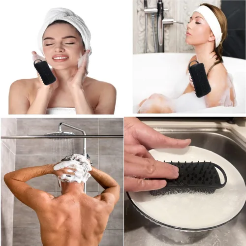 Vista 6 de Paquete de 2 exfoliantes corporales de silicona de doble cara para exfoliación, ducha y masaje del cuero cabelludo, cepillo 2 en 1 para baño