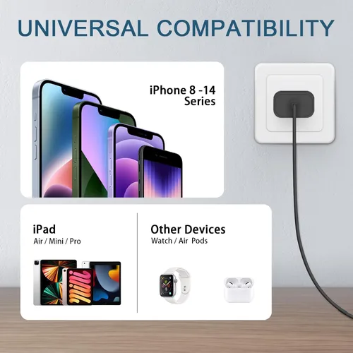 Vista 7 de CXX Cargador para iPhone de 20 W de carga rápida [certificado MFi, paquete de 2] bloque USB-C PD y cable de 6 pies compatible con iPhone Negro