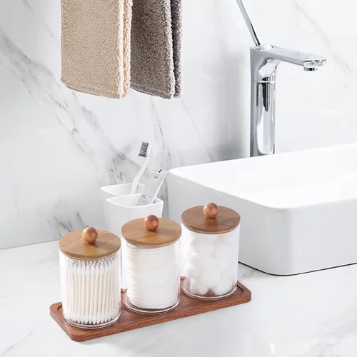Vista 7 de Tbestmax - Soporte Qtip con bandeja de tocador, dispensador de recipientes de baño transparentes para almacenamiento, soporte para hisopos