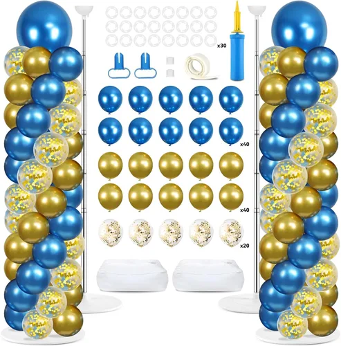 Vista 14 de Juego de 2 soportes de columna de globos plateados y blancos con 100 globos plateados con base para globos de confeti de suelo, kit de columna