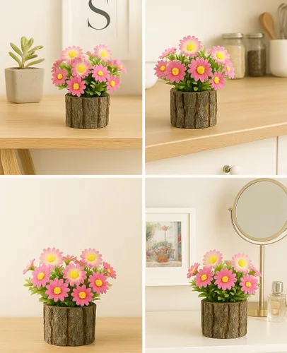 Vista 8 de AceList Juego de 2 flores artificiales, decoración rústica de granja para estante de baño, escritorio de oficina, pequeñas plantas en maceta de Rosa