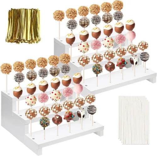 Vista 7 de Soporte de madera para piruletas de pastel, soporte de exhibición de 3 niveles, blanco, con 33 agujeros, soporte para piruletas con lazos