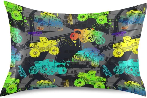 Vista 42 de Fundas de almohada de seda con estampado negro de camión monstruo para cabello y piel, suave, transpirable, suave, refrescante, funda de almohada
