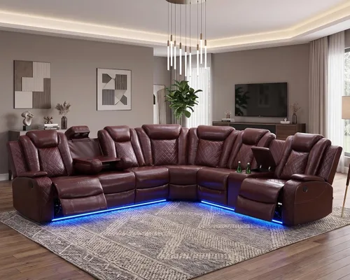 Vista 16 de Sofá seccional reclinable eléctrico con asiento de cine en casa con LED y puerto USB L Shaped Reclining Couch with Reading Lamp, Cup Negro