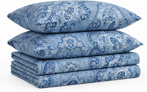 Vista 14 de Tribeca Living Colmar - juego de sábanas de algodón de 300 hilos, extra profundo, estampado, Algodón satén, Amalfi Azul/Multi, gemelo