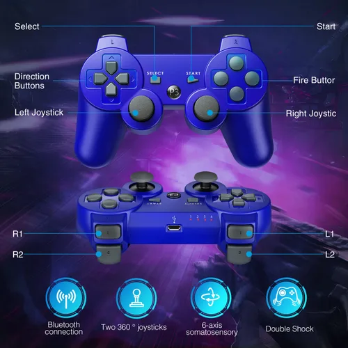 Vista 3 de Powerextra Wireless Controller Compatible with Play-Station 3, with High Performance Upgraded Joystick Rechargeable Battery Double Shock for PS-3