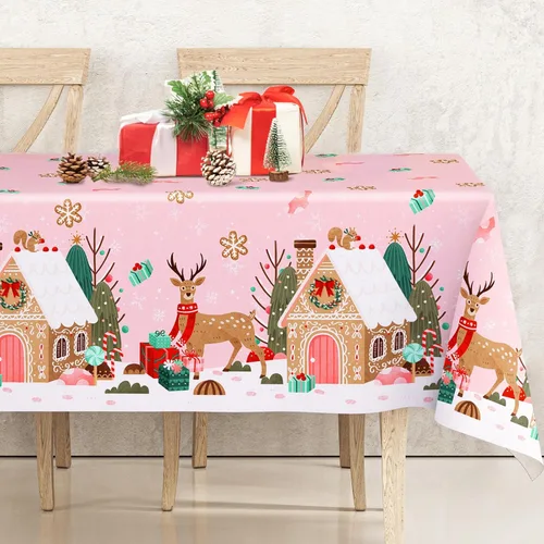 Vista 8 de Mantel de Navidad rosa con diseño de casa de jengibre, renos, mantel redondo de Navidad para fiestas de Navidad, 60 x 60 pulgadas