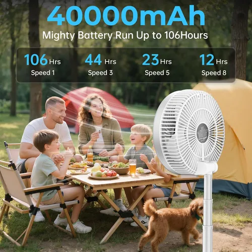 Vista 10 de Ventilador de viaje portátil de 40000 mAh, ventilador plegable recargable, funcionamiento de 106 horas, ventilador oscilante de pie de 8 Blanco