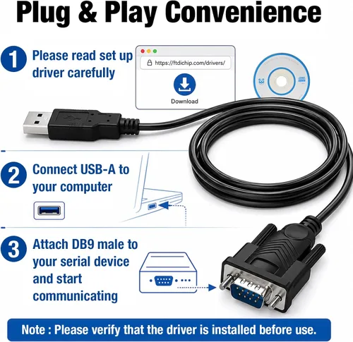 Vista 5 de Cyberguys! USB-A to RS232 DB9 Male Serial Cable with FTDI Chipset, 6 FT