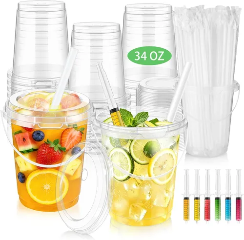 Vista 7 de Paquete de 15 cubos de ron de plástico de 34 onzas para bebidas Disposable Clear Cups With Handles for Cocktails, Iced Coffee, Smoothies