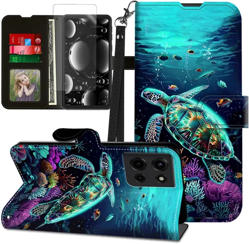 Vista 226 de Funda para Motorola Edge 2022 con protector de pantalla, soporte y tarjetero y correa para la muñeca, funda magnética para Moto Edge 2022 5G UW Lobo