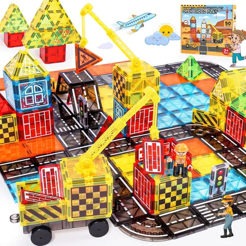Vista 9 de Laminados magnéticos juguetes de construcción para niños - Set de carretera con grúa magnética para niños de 3-5 4-8 8-10 años, Set de expansión