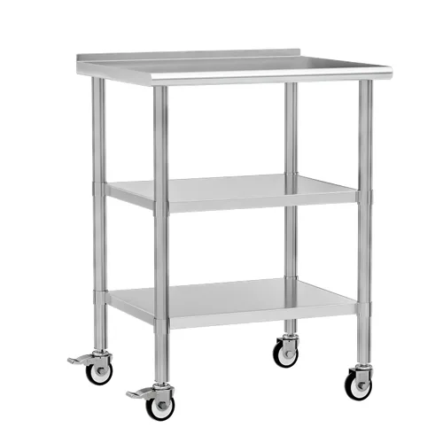 Vista 21 de Mesa de trabajo de acero inoxidable con ruedas, 24x24 pulgadas, mesa de preparación de alimentos NSF con salpicadero y estante inferior ajustable