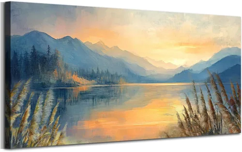 Vista 11 de Arjun Pintura de Paisaje Puesta de Sol Montaña Lago Arte de Pared en Lienzo con Textura Enmarcado Grande 40"x20"- Impresiones de Cuadros Serenos