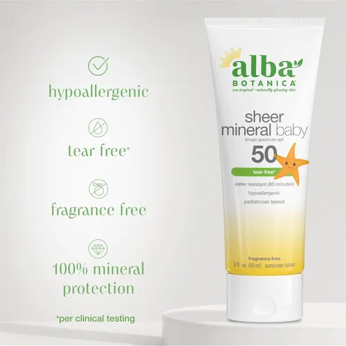 Vista 5 de Alba Botanica Protector solar para bebé para cara y cuerpo, loción de protección solar mineral transparente, SPF 50 de amplio espectro, resistente