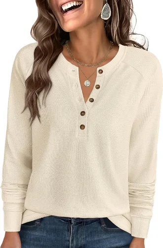 Vista 20 de ANRABESS Camisas de manga larga Henley de punto gofre para mujer Negro
