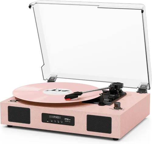 Vista 14 de Tocadiscos de vinilo Bluetooth con dos altavoces incorporados, grabación USB, transmisión por correa, 3 velocidades, tocadiscos para discos