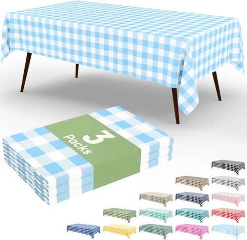 Vista 93 de Smiry Paquete de 3 Manteles Desechables de Cuadros Gingham Color Caqui - 54" x 72" Mantel de Plástico de Servicio Pesado, Cubiertas de Mesa