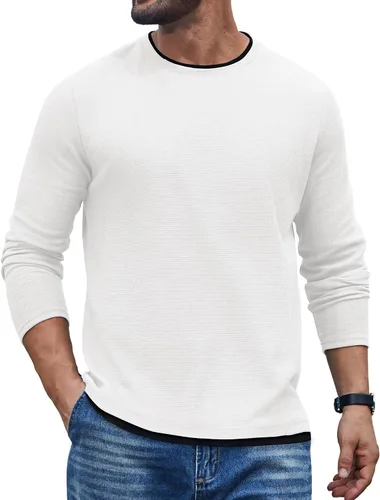 Vista 8 de COOFANDY Camisetas de manga larga para hombre, de algodón, con cuello redondo, con ribete de contraste Gris claro + ribete blanco