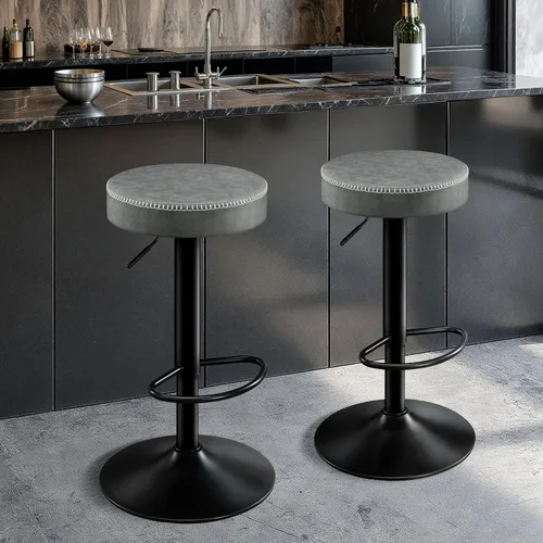 Vista 9 de STOOLINK Juego de 2 taburetes de bar ajustables sin respaldo de cocina con asiento redondo, taburetes de bar giratorios de 360° de altura de Gris