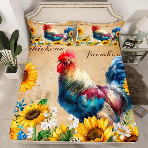 Vista 5 de Bonita sábana bajera ajustable para niños, tamaño individual, juego de ropa de cama rústica de pollo, decoración de dormitorio para niños y adultos