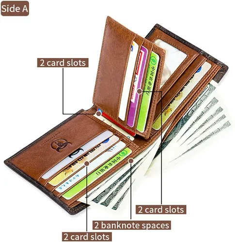 Vista 39 de LUKZIJAES Billetera de cuero genuino para hombre, con bloqueo RFID, delgada, plegable, bolsillo frontal, #3-Café, Vintage