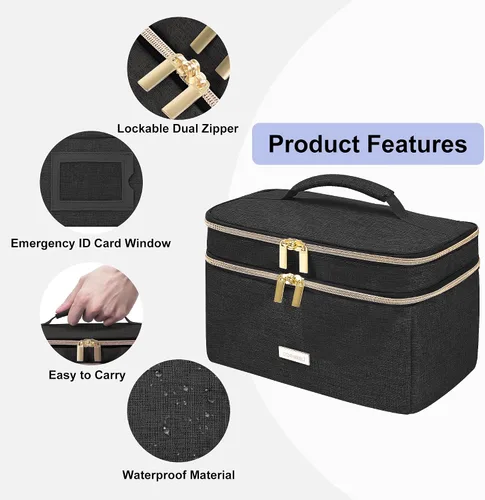 Vista 5 de Lexeeco Bolsa para almacenamiento de medicinas Organizador de frascos de píldoras con bolsa pequeña portátil para viajes Organizador de frascos