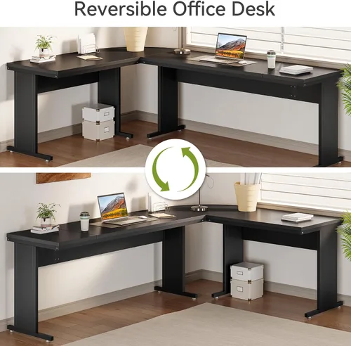 Vista 4 de LITTLE TREE Escritorio ejecutivo grande de 82.67 pulgadas de largo en forma de L para computadora con archivador móvil de 3 cajones, mueble