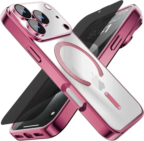 Vista 20 de Misscase Funda magnética transparente para iPhone 18 Pro con protector de pantalla de privacidad, protector de lente de cámara, funda magnética Rojo