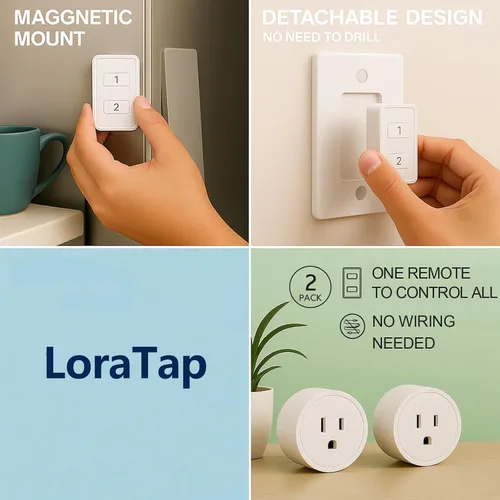 Vista 4 de LoraTap Mini adaptador de enchufe de control remoto inalámbrico (paquete de 2) con control remoto, interruptor de pared de 2 canales, rango
