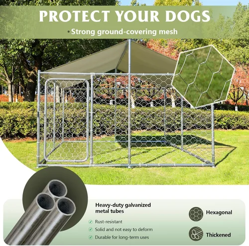 Vista 3 de Grepatio Perrera exterior para perros con carcasa impermeable para perros grande, jaula de acero galvanizado con bloqueo seguro