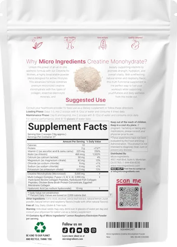 Vista 6 de Micro Ingredients Creatina + electrolitos + colágeno múltiple para mujer Complejo de polvo de monohidrato de creatina micronizada de 5,000 mg