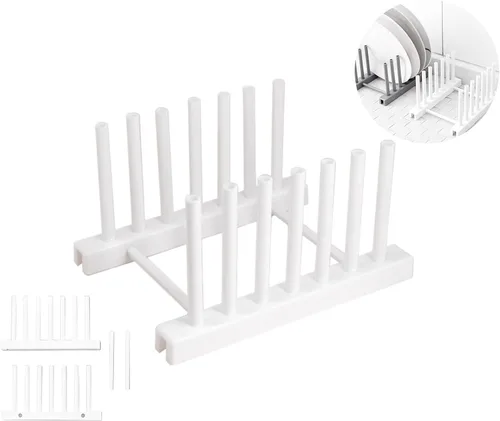 Vista 5 de Paquete de 4 organizadores de platos blancos para gabinete, soporte de plástico para platos que se mantiene seco para platos, cuencos, utensilios