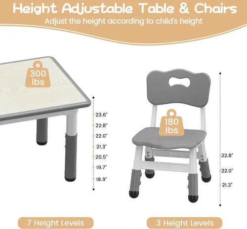 Vista 2 de Juego de mesa y 4 sillas para niños, mesa y sillas ajustables en altura para niños de 2 a 10 años, escritorio con graffiti, patas antideslizantes